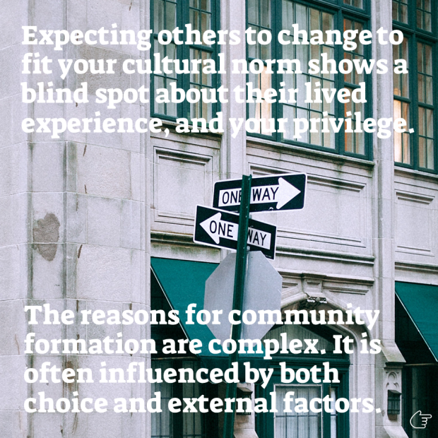 Expecting others to change to fit your cultural norm shows a blind spot about their lived experience, and your privilege. The reasons for community formation are complex. It is often influenced by both choice and external factors.